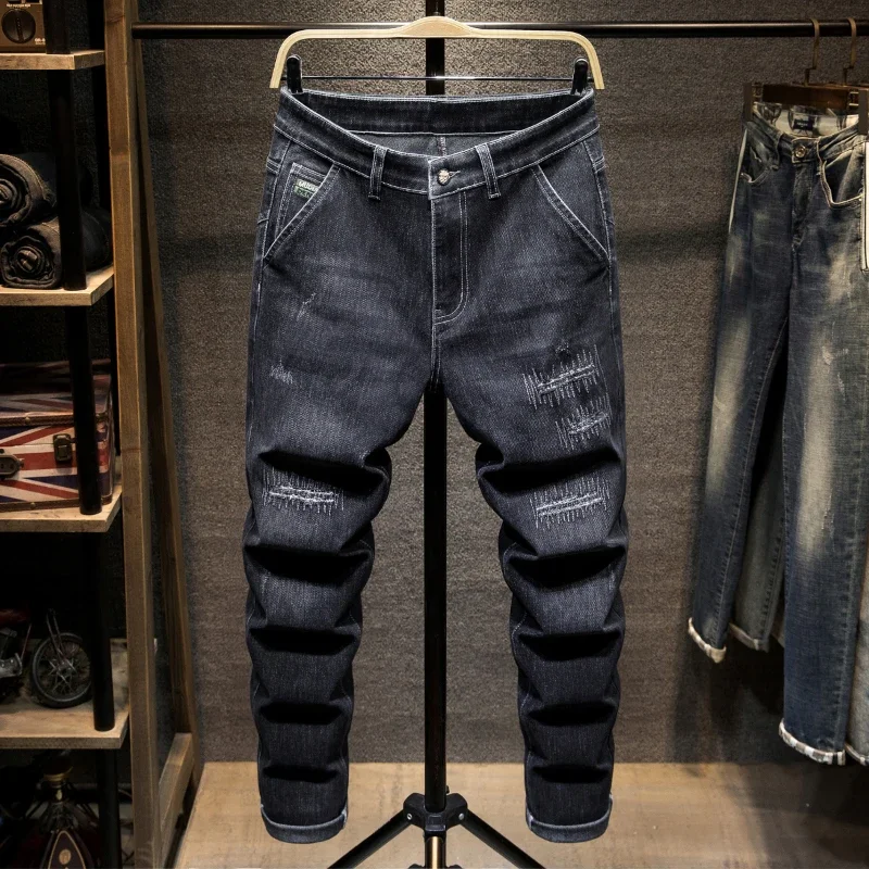 

Oversized Men's Slim Jeans New Autumn Hole Patch Design Stretch Denim Pants Male Brand Trousers Plus Size 42 44 46
