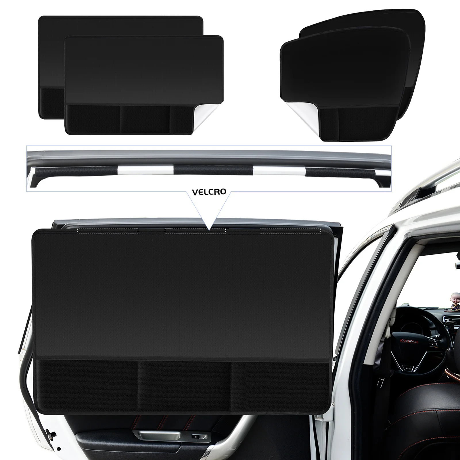 

2pcs/Set Black Oxford Cloth Car Window SunShade Curtain Sun-Proof Heat-insulating Velcro Car Front Rear Windows