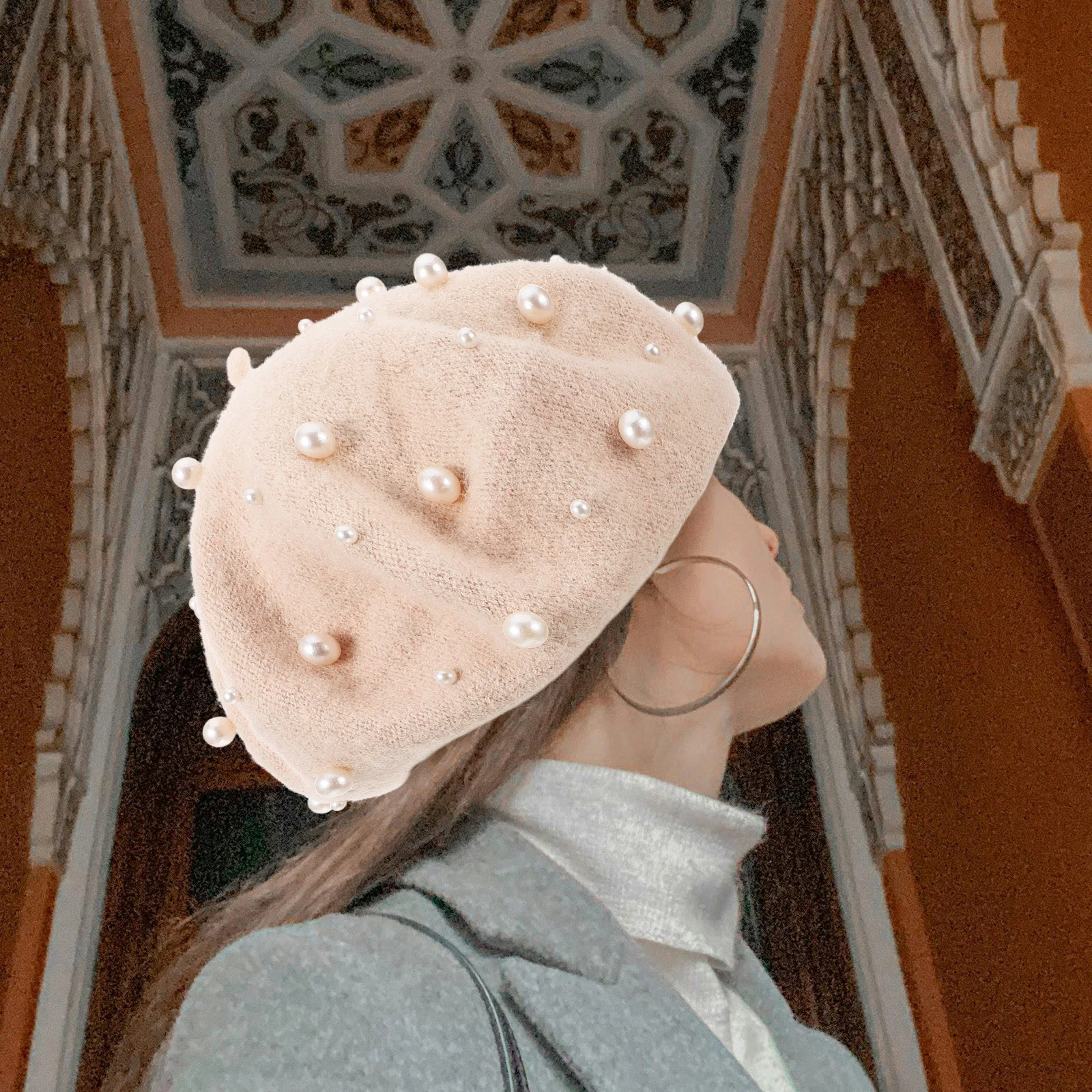 Autumn Winter Cashmere Pearl Beret Beige One Size Soft Hand Knitted Stylish Gift for Lovers Colleagues Womens Pearl Beret