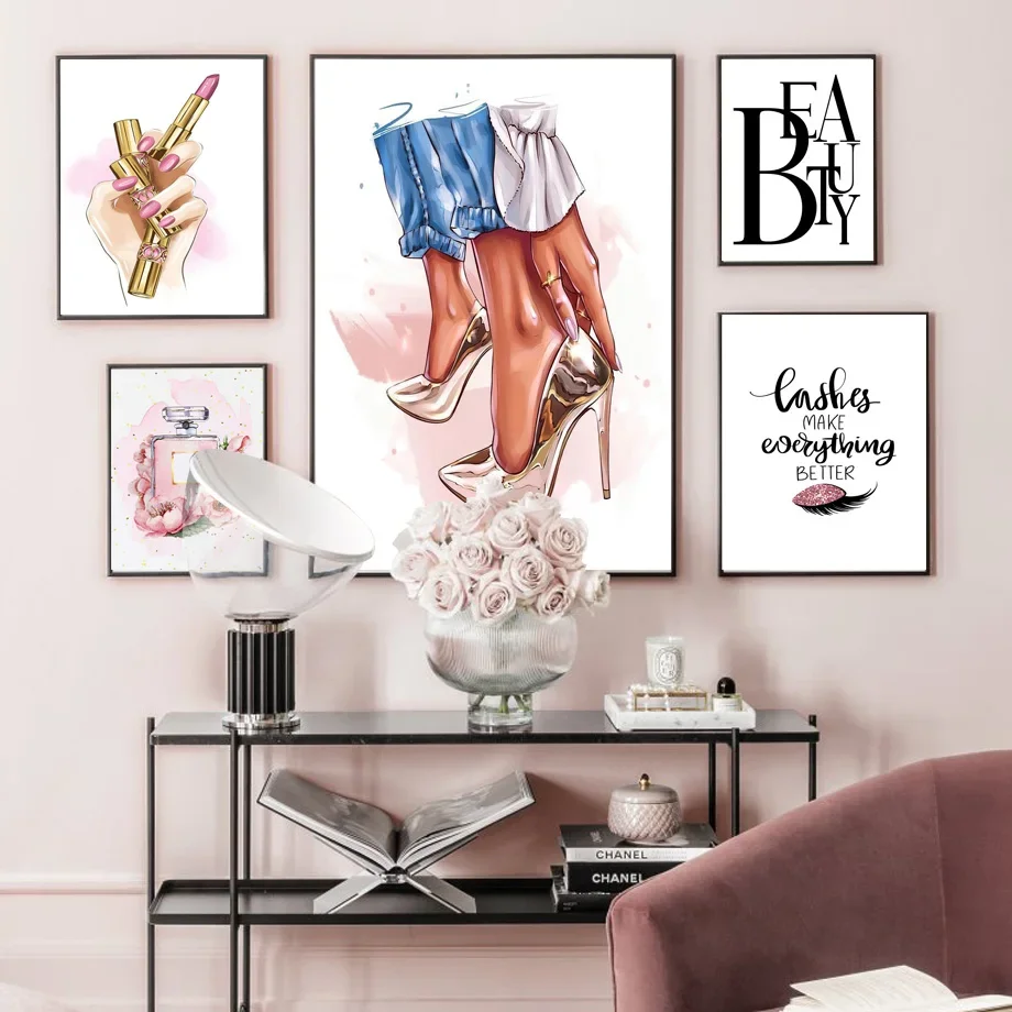 Abstract Fashion Girl with Perfume Lipstick & High Heels Wall Art Canvas Painting - Living Room Decorative Poster Print