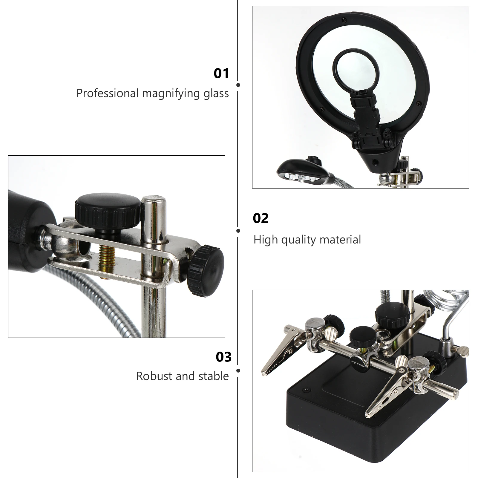

LED Desktop 25X 5X 8X Lenses Durable St Clamp Desk Magnifier With Auxiliary Clips for Books Circuit Boards Coin Collectors