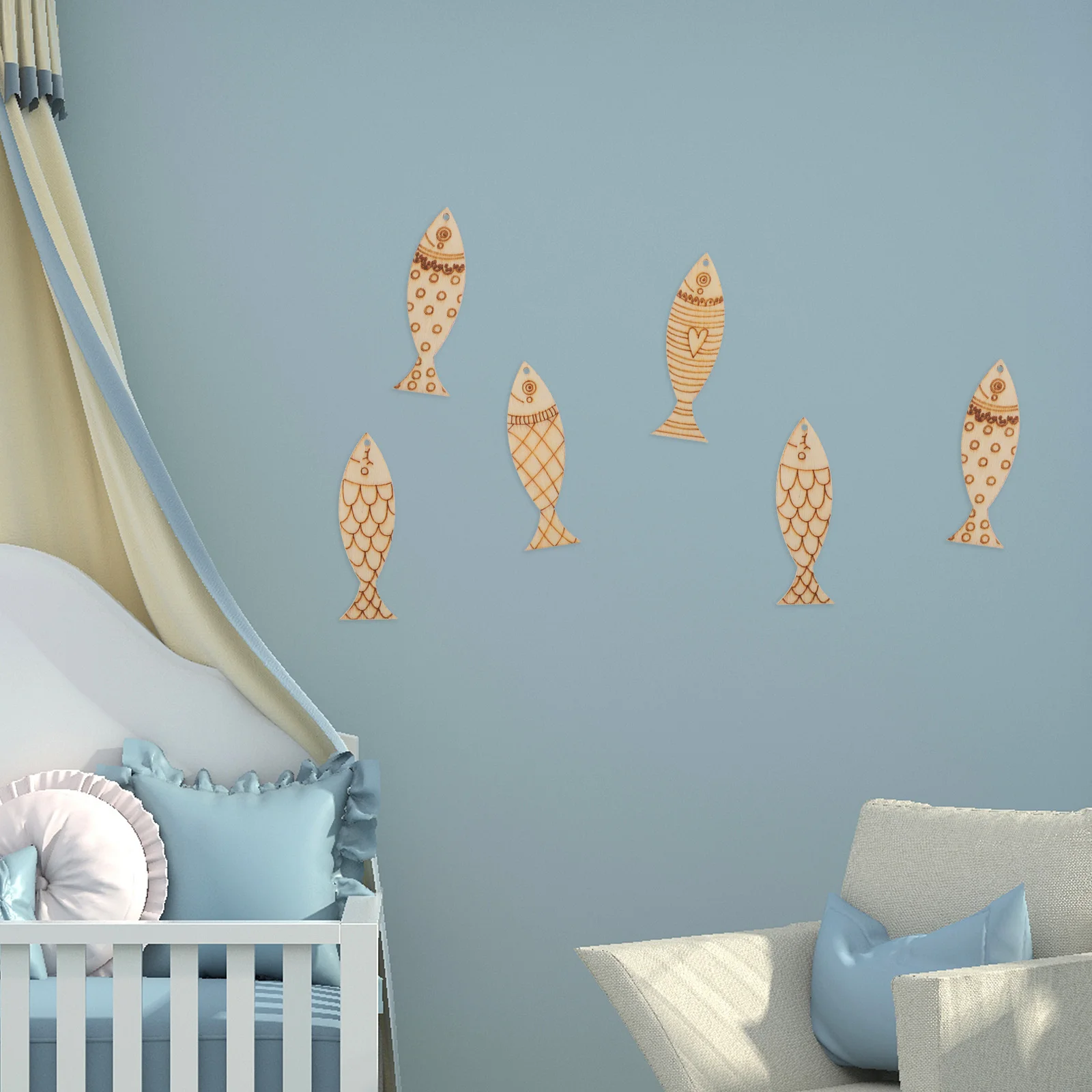 

50Pcs Painted Fish Ornaments Mediterranean Style DIY Unfinished Wooden Fish Cutouts for Kindergarten Craft Projects Nautical