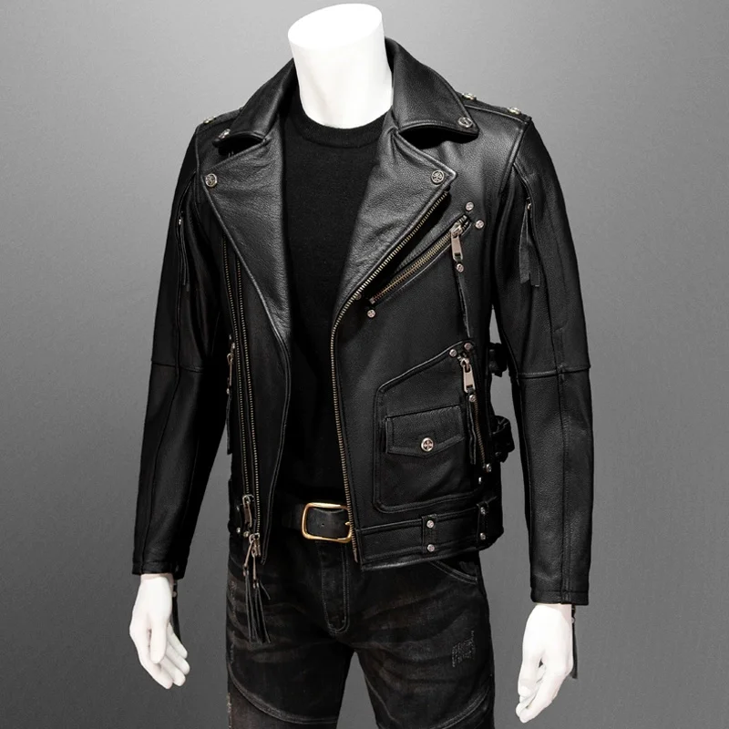 Black Autumn Leather Jacket Men Punk Style Plus Size 6XL Natural Cowhide Slim Fit Motorcycle Genuine Leather Coat