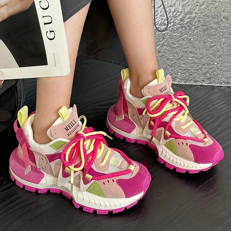 Women Platform Sneakers Casual Outdoor Mixed Colors Design Shoes Versatile Trend Sneaker Comfortable Lace Up Running Sport Shoes