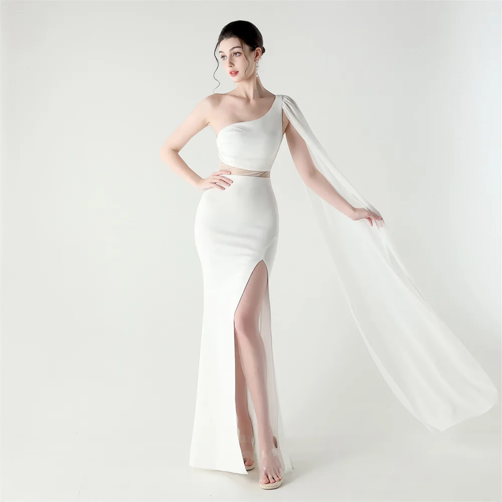 فساتين حفلة موسيقية رائعة للنساء مثيرة بكتف واحد من الساتان ذيل السمكة فستان طويل مناسبة رسمية بخصر عالٍ فستان زفاف ضيق