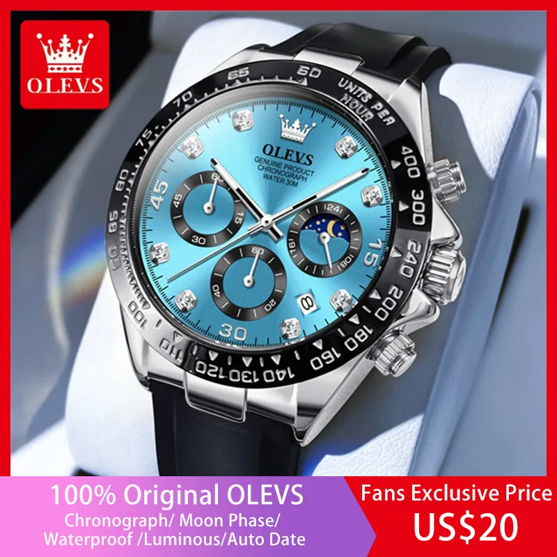 OLEVS Men\'s Watches Waterproof Luminous Moon Phase Date Chronograph Men\'s Wristwatch Luxury Original Quartz Wirst Watch for Men