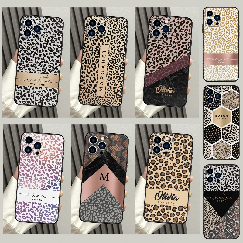 Iniciais nome de pele de leopardo personalizado para iphone 16 15 14 13 12 11 pro max xs max xr plus acessórios de capa de telefone