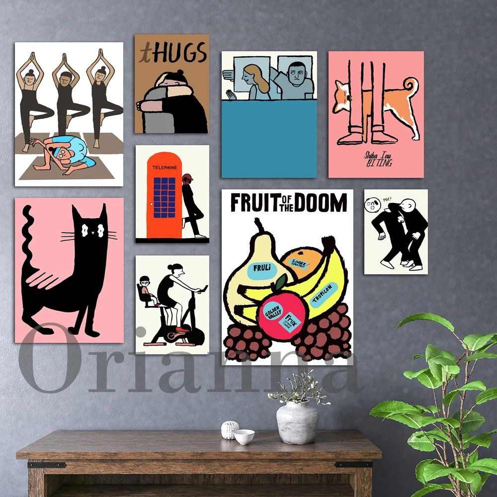 Jean Jullien Poster Yoga Cat Sport Telephone Dog Pigeon Pop Art Print Contemporary Art,Quote Wall Art,Funny Art Canvas Painting