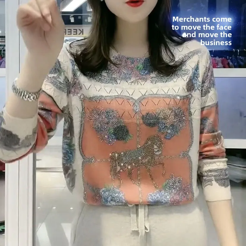 Spring Autumn High-End Women's Loose Slimming Base Shirt Fashionable Diamond Knitted Long Sleeve Top Ladies Casual Style Poly...