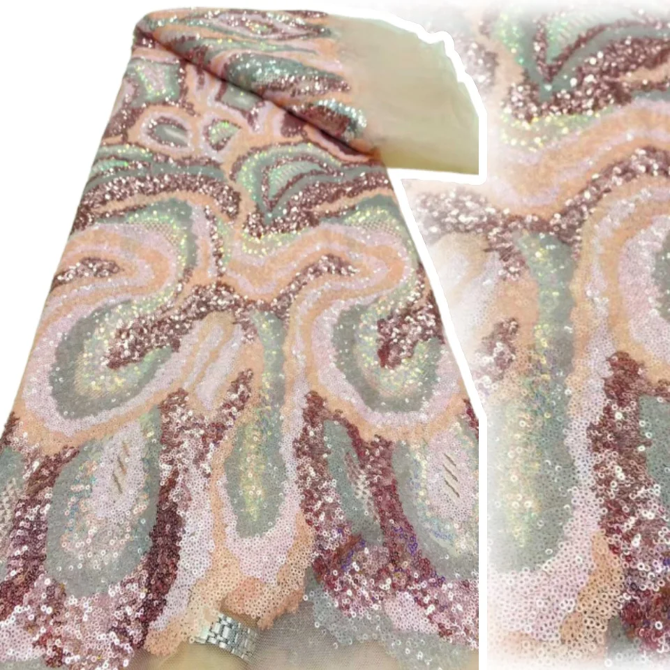 

Розовый 2025 новейший африканский нигерийский высокое качество с тюлем, кружевные тканевые платья, блестки, гипюровая вышивка, 5 ярдов AH1409