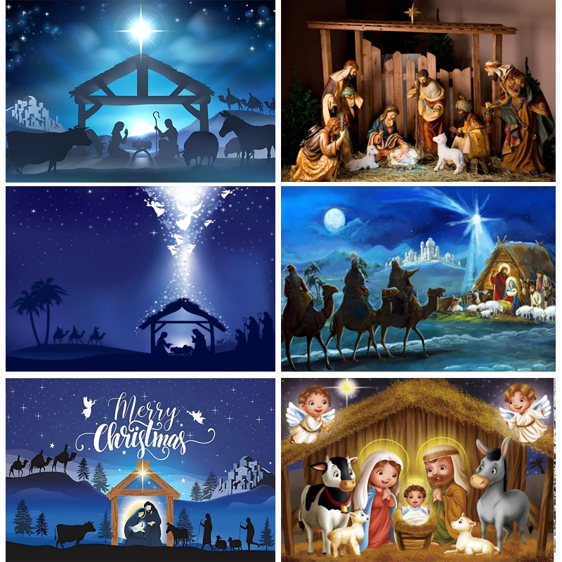 

Birth Of Jesus Backdrop Christmas Night Nativity Scene Silhouette Background Farm Barn Stable Christianity Photography Prop