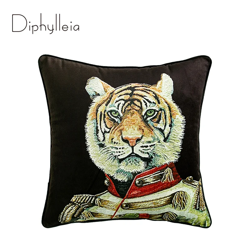 Diphylleia Decorative Pillow Case Tiger In Uniform Animals Printed Velvet Cushion Cover Accent Pillowcase For Couch Sofa Bedroom