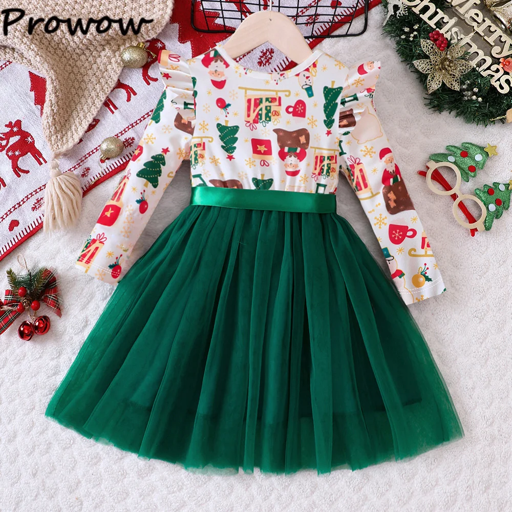 Prowow Kids Christmas Dress For Girls 2025 Red Patchwork Gingerbread Man Party Dresses Princess New Year Children\'s Costume