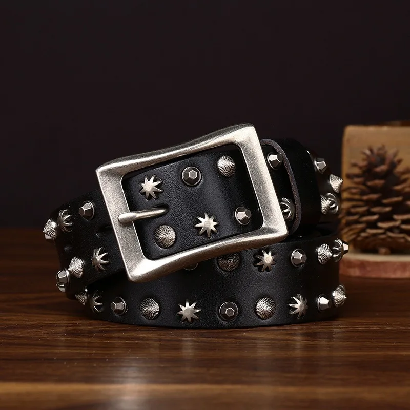 3.8CM Cowhide High Quality Genuine Leather Belts for Men Brand Strap Male Rivet Pin Buckle Jeans Cowboy Men’s Designer Belts