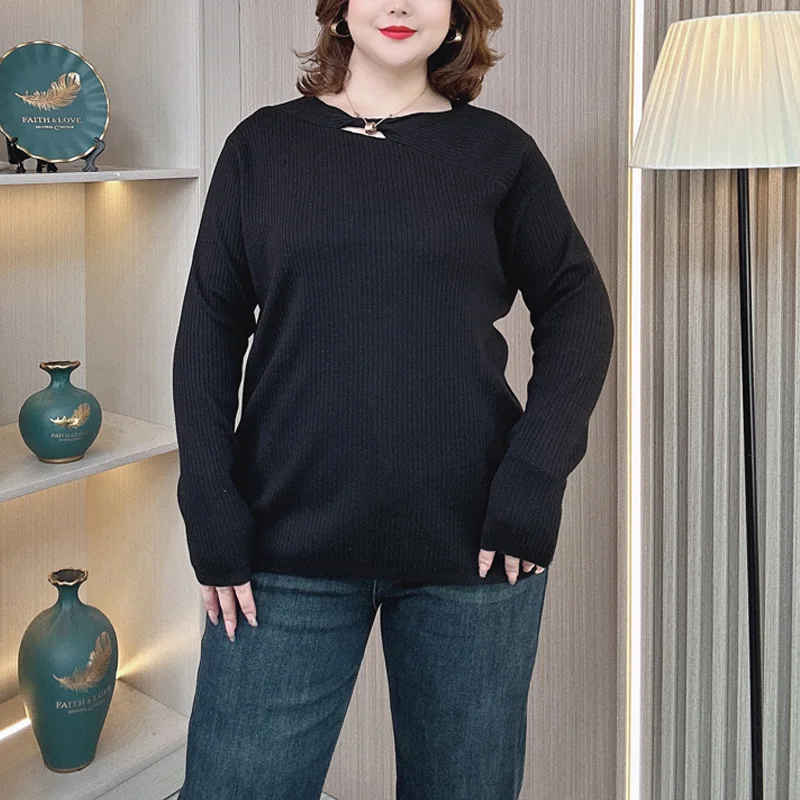 Plus Size Women Sweater Autumn Winter Hollow Neck Fashion Knitwear Female Design Pullover Jumpers 696