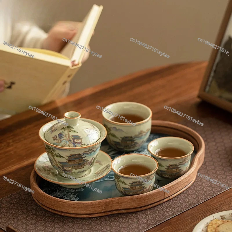 Creative ceramic three-color cover bowl set, Zen hand-painted landscape tea set, tea art set, cover bowl and teacup gift set.