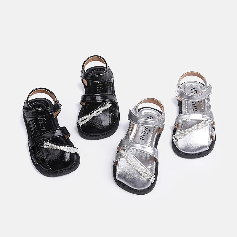 Mumoresip Children Hollow-out Summer Sandals for Girls Elegant Beading Princess Shoes Causal School Anti-kick Kids Flat Sandals