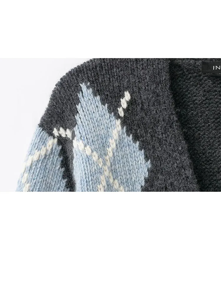 HH المرأة الخريف والشتاء سميكة محبوك مضلع سترة الخامس الرقبة طويلة الأكمام ملابس خارجية فضفاضة الدافئة سترة صوفية #4