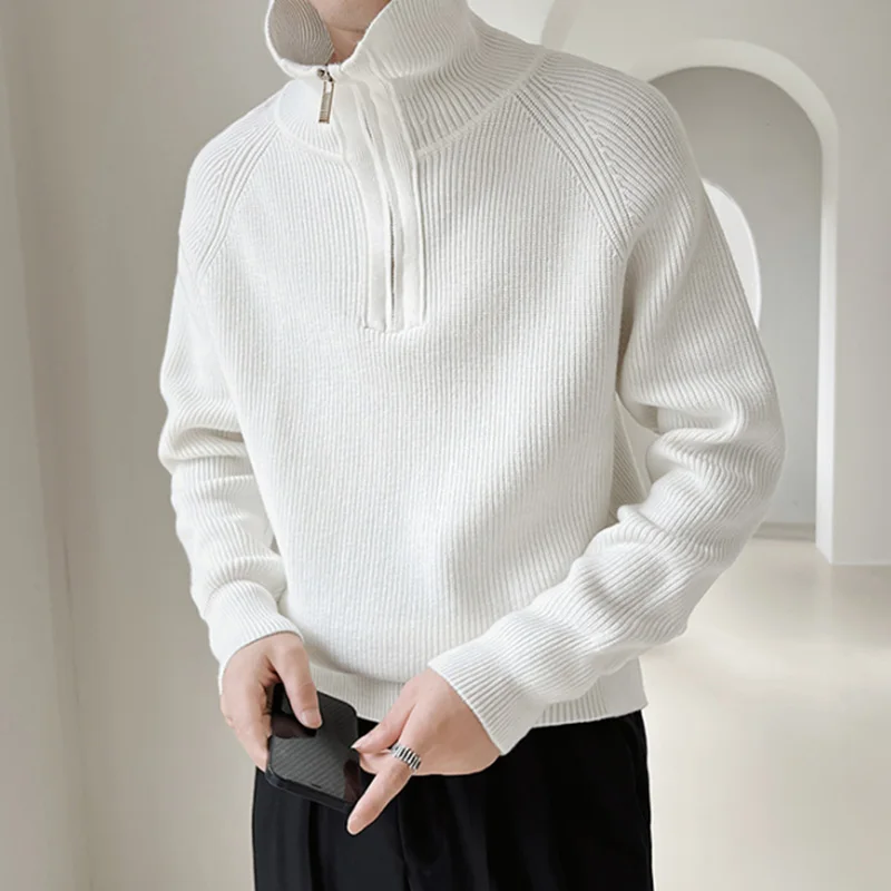 Autumn Winter KPOP Fashion Style Harajuku Slim Fit Tops Loose Casual All Match Knitwear High Collar Zipper Long Sleeve Sweaters