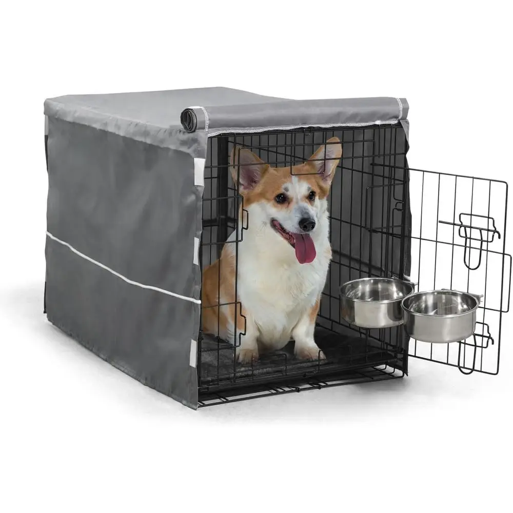 

Односпальная металлическая клетка для собак с крышкой, лежанкой, 2 мисками и подставками – Комплект для содержания собак в помещении, для маленьких и средних пород