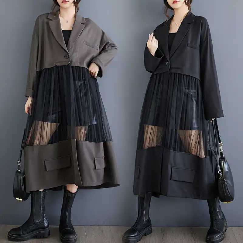 

Women Midi Coat Lace Spliced Patchwork Coats Pockets Button Sheer Jackets Full Sleeve Turn Down Collar Casual Lady Autumn