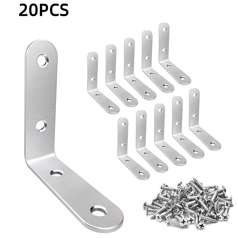 20PCS L Brackets – 2 Inch Stainless Steel Corner Braces with Screws, 90° Right Angle Shelf Supports for Wood Furniture, Table