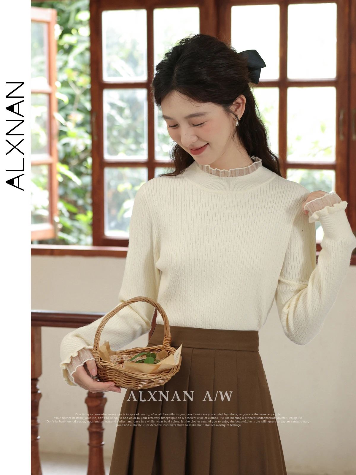 

ALXNAN French Style Gentle Knitted Pullovers 2024 Autumn Half High Collar Slim Long Sleeve Tops Solid Soft Knitwears LXN31819