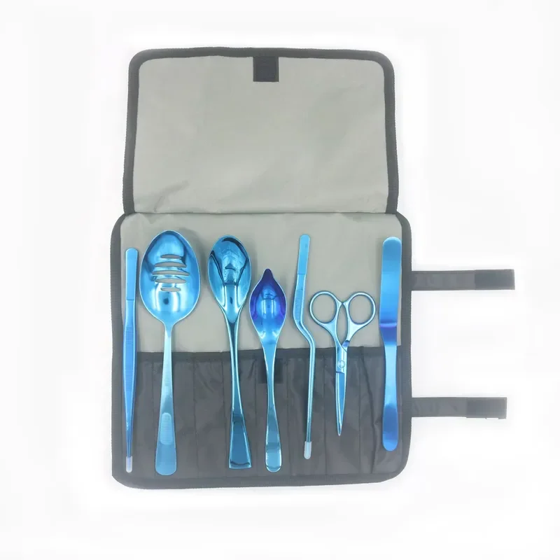 (ALCT-ST003-Scissors Set) 7-piece professional chef platter tool set, including Rorschach spoon, tweezers, scissors, spatula,