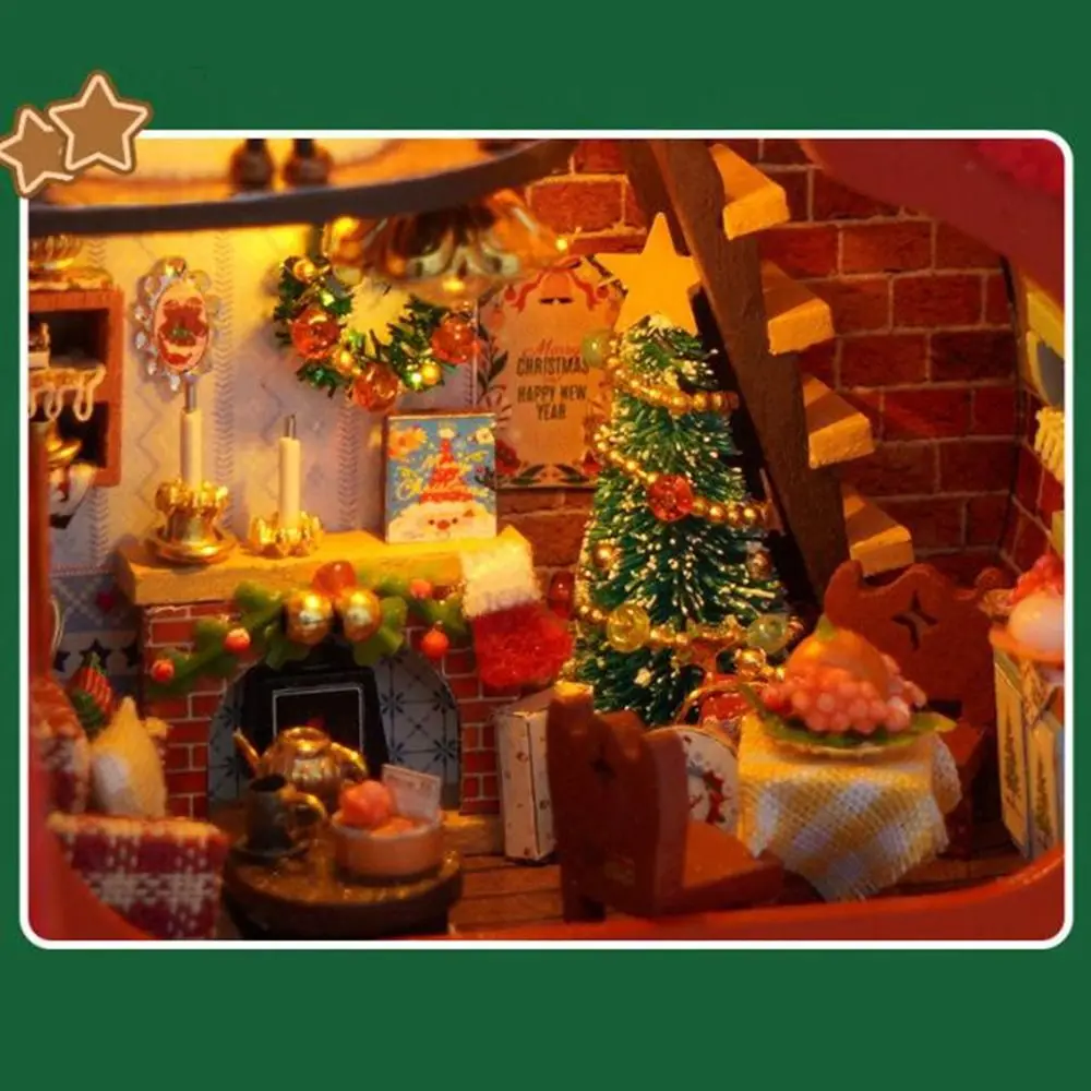 Wooden Christmas Stocking with Furniture Glowing Handmade Miniature Dollhouse Kit with LED Lights Miniature House Kit