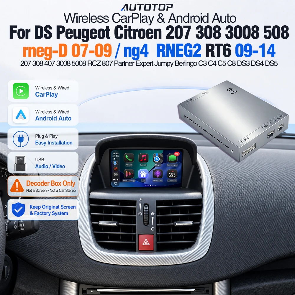 Boîtier décodeur AUTOTOP CarPlay sans fil et Android Auto pour Peugeot 208 2008 308 3008 5008 508 RCZ Citroën C3 C4 C4 Picasso C5 DS3 DS4 DS5, interface de rétrofit d'écran d'origine, AirPlay, MirrorLink, Bluetooth, AUX, USB