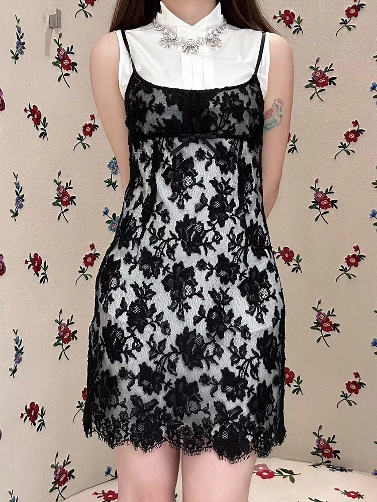 

Bow Tie Decoration Semi-sheer Lace Halter Dress Black Sexy Fashion Sleeveless Slim Women's Dresses 2024 Summer New