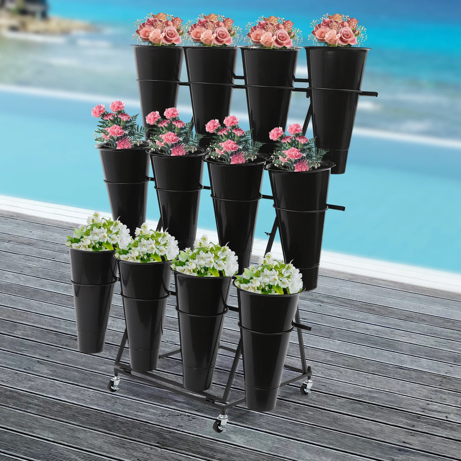 3-Tier Flower Holder Flower Display Stand with 12 Pieces Buckets 30kg Load Capacity for Homes/Florists/Gardens/Weddings image 2