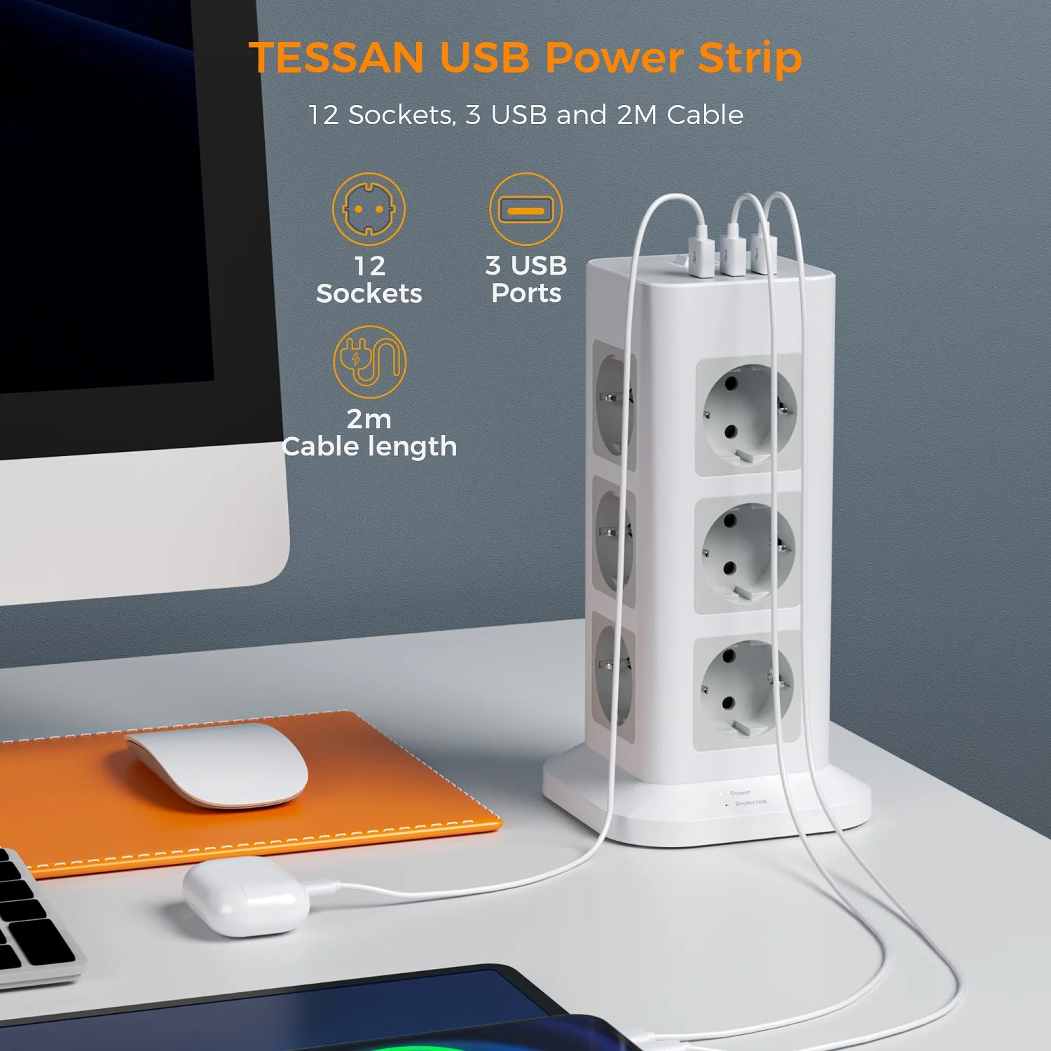 TESSAN Vertical Tower Power Strip Multi Outlets with USB 2M Extension Cable EU KR Plug Electric Socket Surge Protection for Home