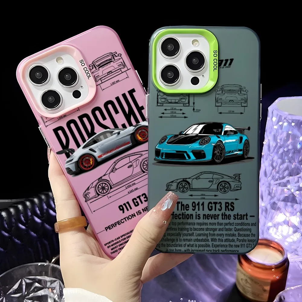 Sports GT3-RS Supercar-911 Phone Case For iPhone 16 15 14 13 12 11 Pro Max Pink Green Matte Laser Metallic Aurora Funda