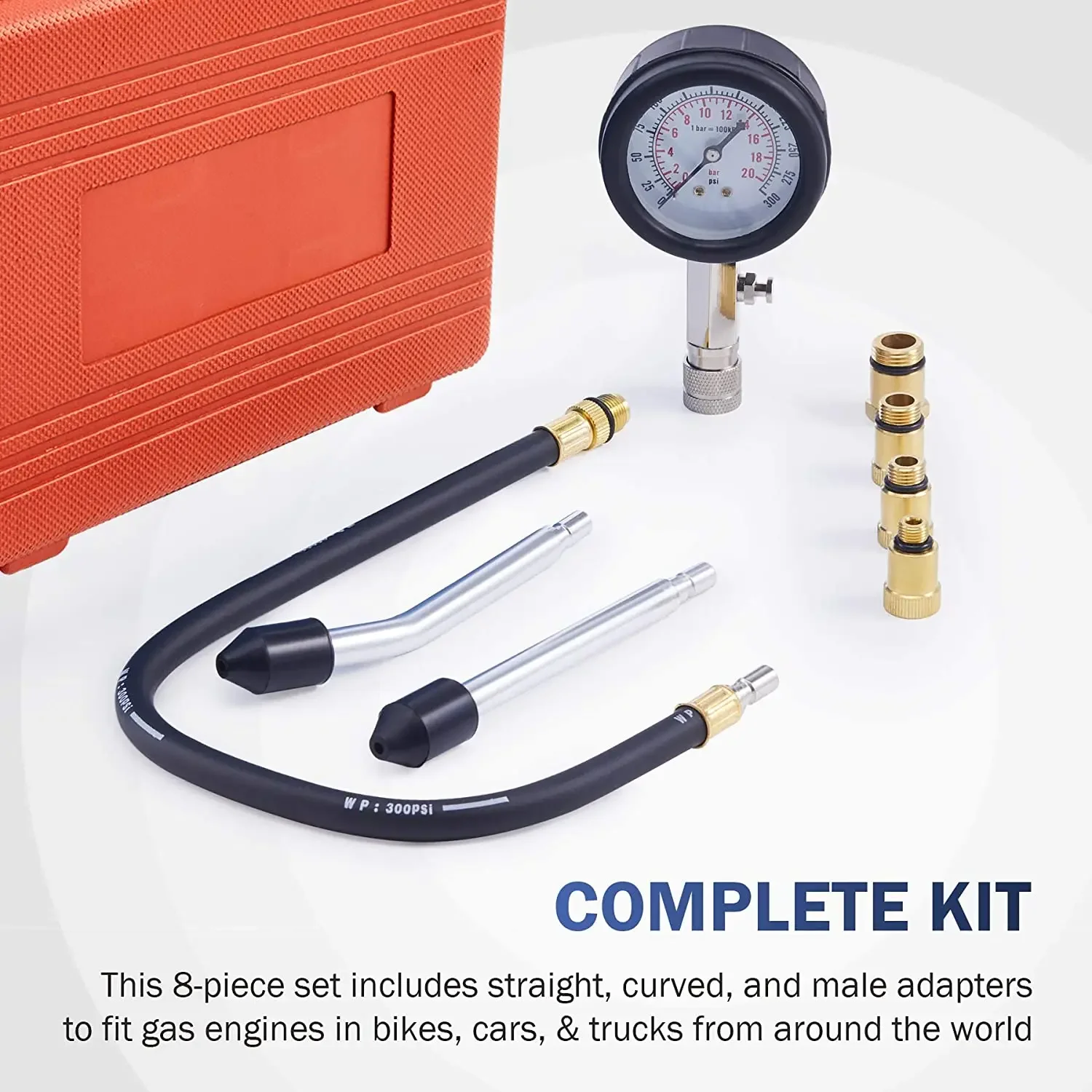 Gasoline Engine Compression Test Kit, 8 Piece Set with 0-300PSI Pressure Gauge and Adapter.