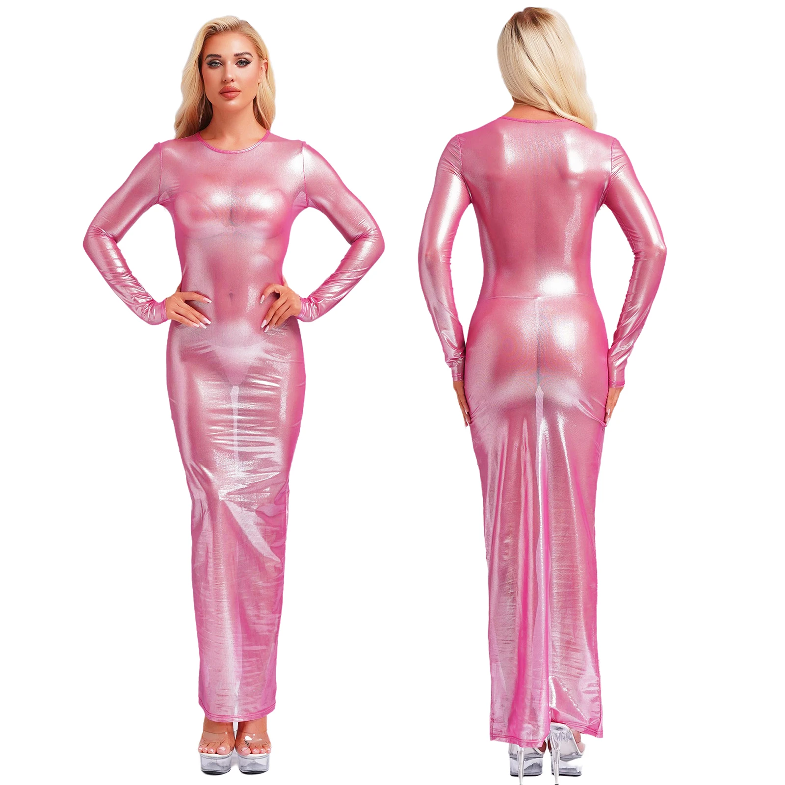 

Women Sheer Metallic Shiny Bodycon Dress Rave Party Clubwear Sexy Long Sleeve Glossy Maxi Dress See Through Nightclub Dresses