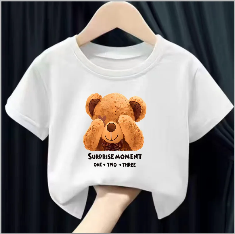 Girls\' Summer Round Neck Short Sleeve T-shirt New Sweet Fashion Bear Print Tops Girls Clothes