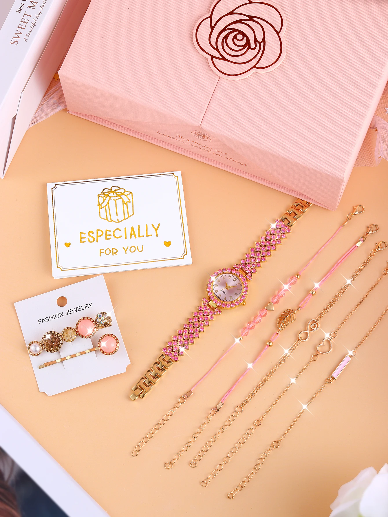 Relógio quartzo rosa e pulseira de cabelo, presente magnético para meninas, seleção de temporada de volta às aulas