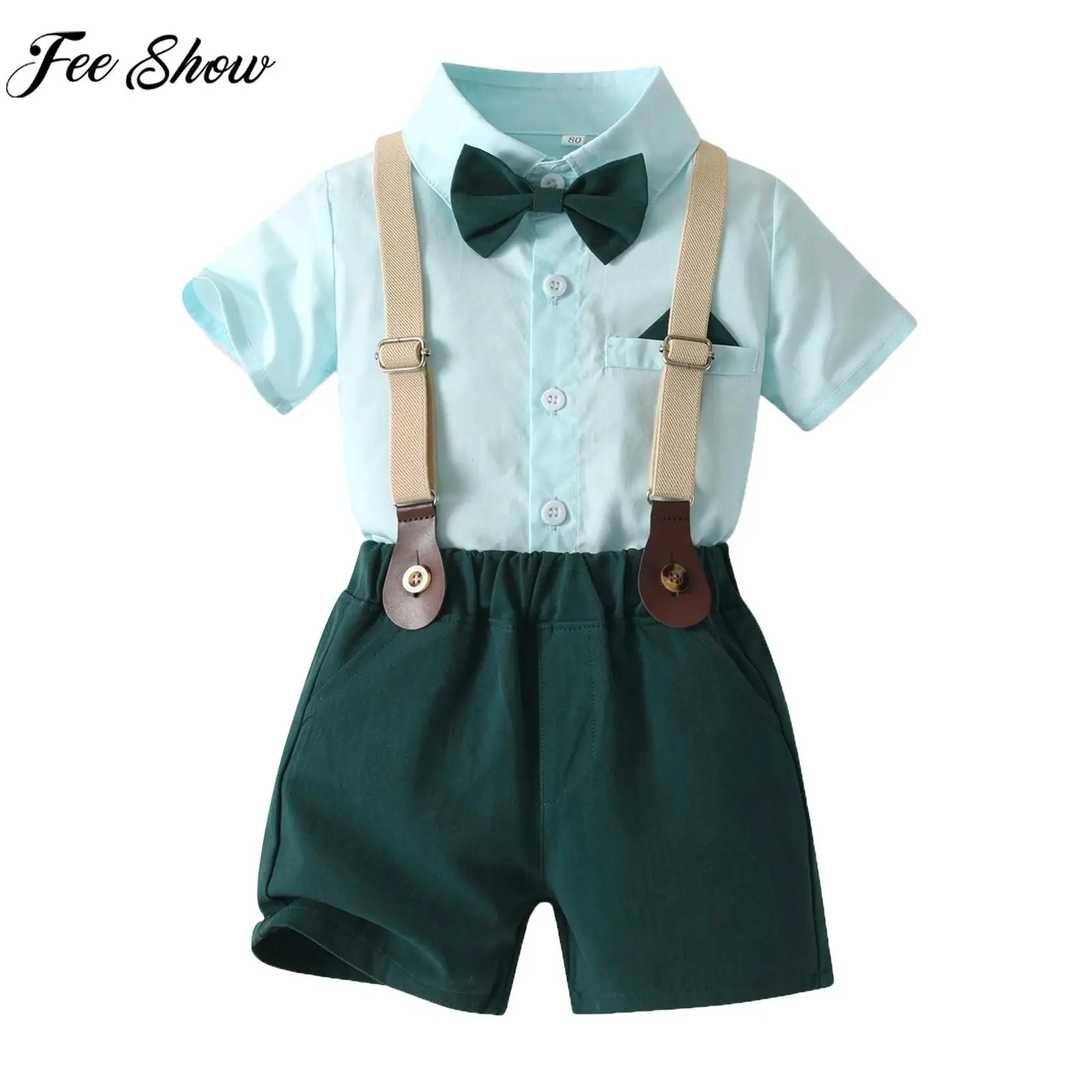 Toddler Boy British Gentlemen Suit Casual Preppy Style Outfits Short Sleeve Bow Shirt with Shorts for Christening Birthday Party