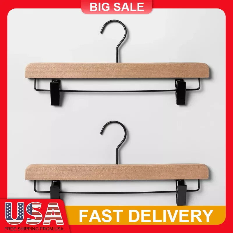 

2PCS Wooden Pants Hangers with Clips Natural Finish Non Slip Skirt Trousers Hanger Closet Organizer Space Saving Garment Storage