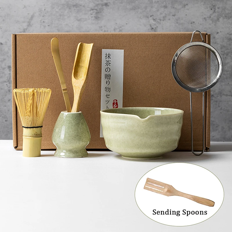 

5/6Pcs Japanese Matcha Tea Set - Bamboo Whisk, Ceramic Bowl & Sieve Spoon, Complete Tea-Making Tools for Tea Lovers