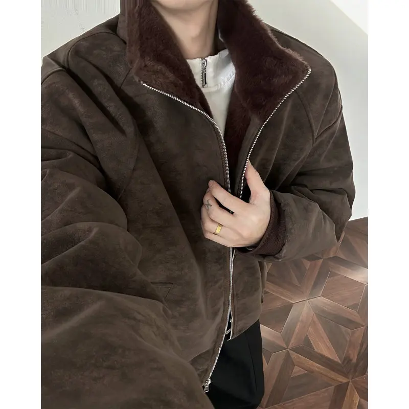 

American Sle Thiened PU Leather Jaet Cotton Clothes Loose Fit for Men And Women Winter Coat with Hood Zipper Closure