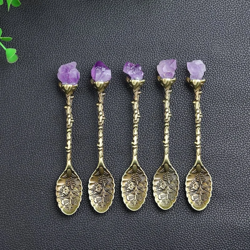 Crystal Head Spoon Dining Bar Vintage Royal Style Spoons Alloy Carved Leaf Mini Coffee Spoon Dessert Tea Home Decor Amethyst