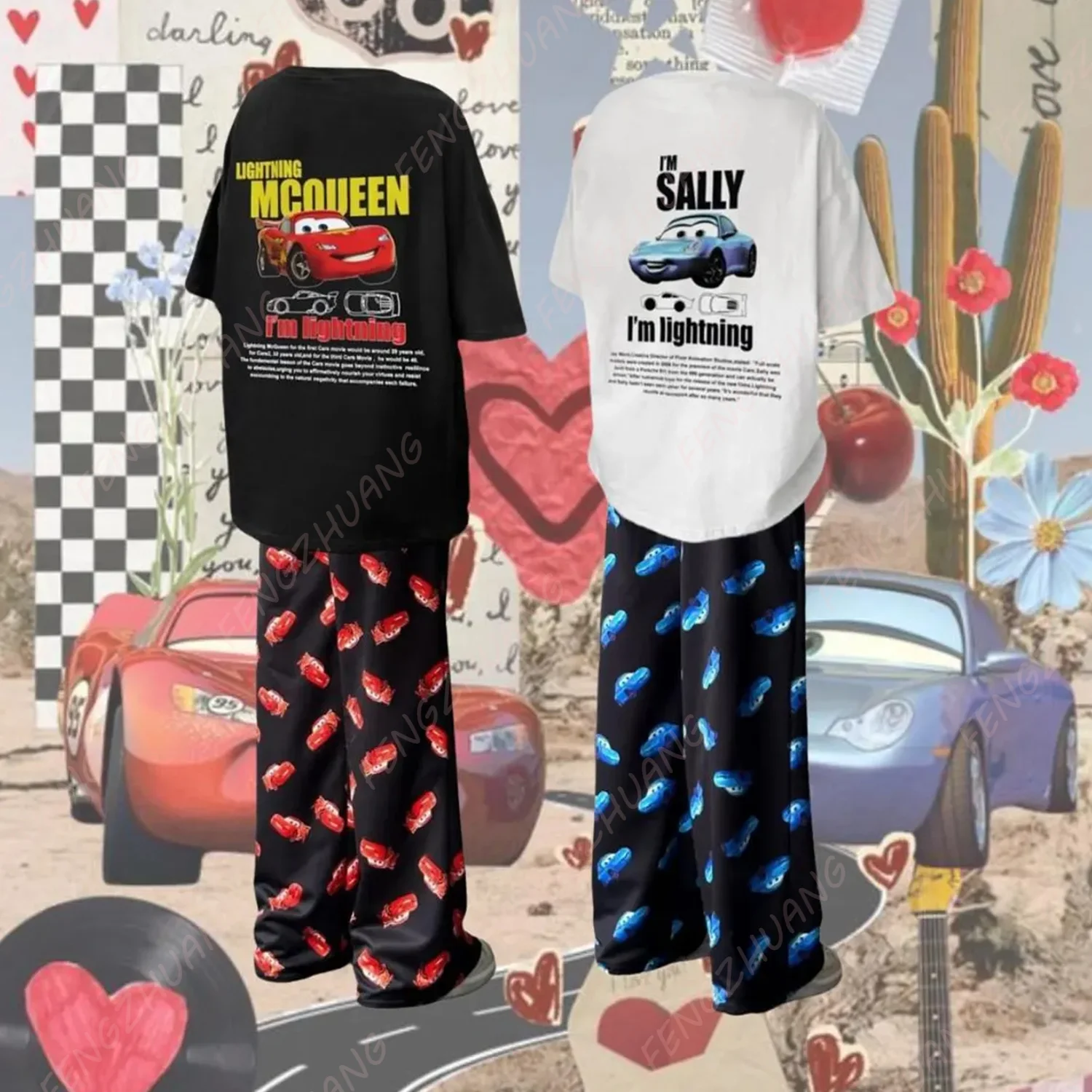 2024 The Cars Lightning McQueen & SALLY T-shirt Long Trousers Set Unisex Valentine's Day gift Hot Sale Faddish Casual Set