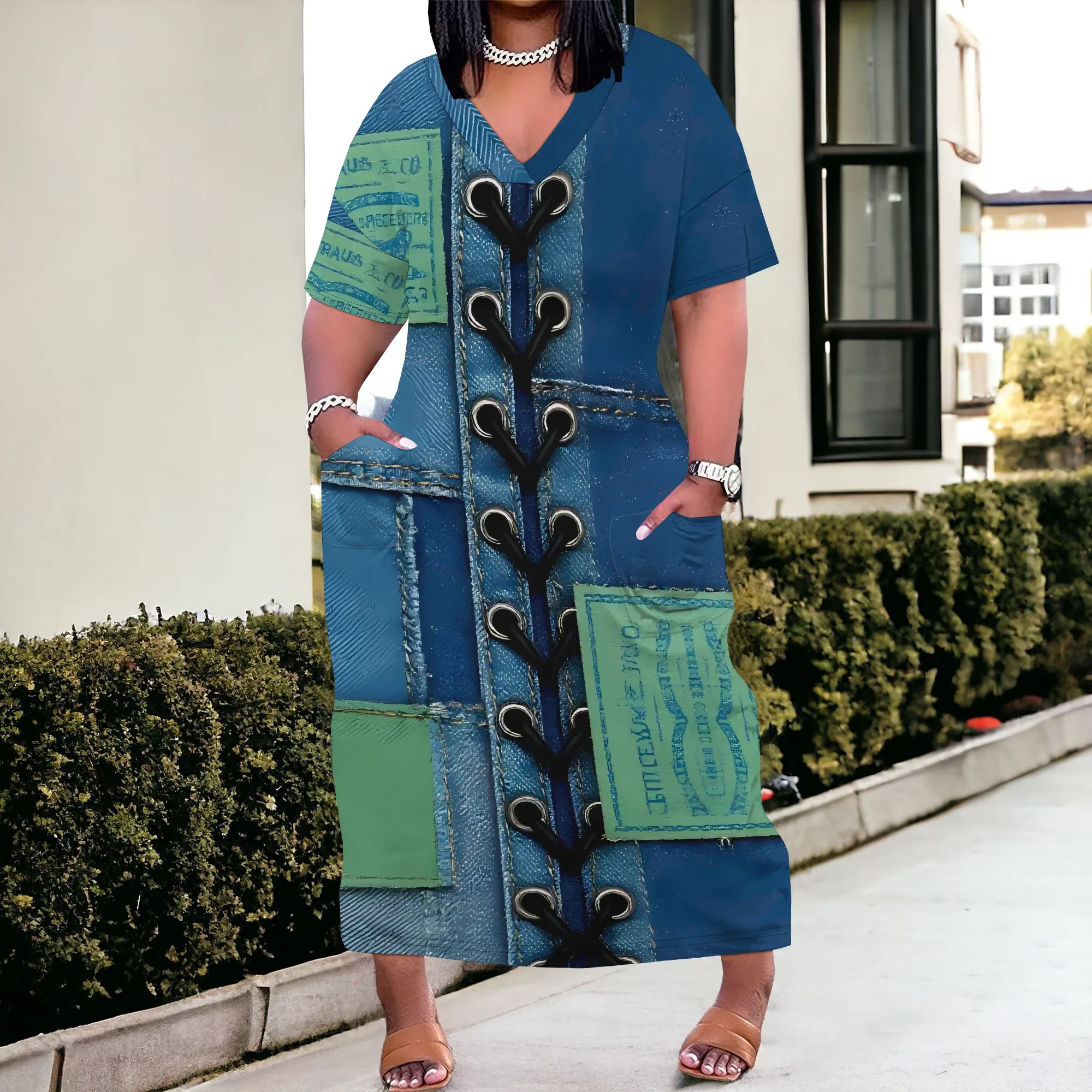 Nupusa Plus Size Maxi Dress Denim Patchwork Print V Neck Short Sleeve Pocketed Dress