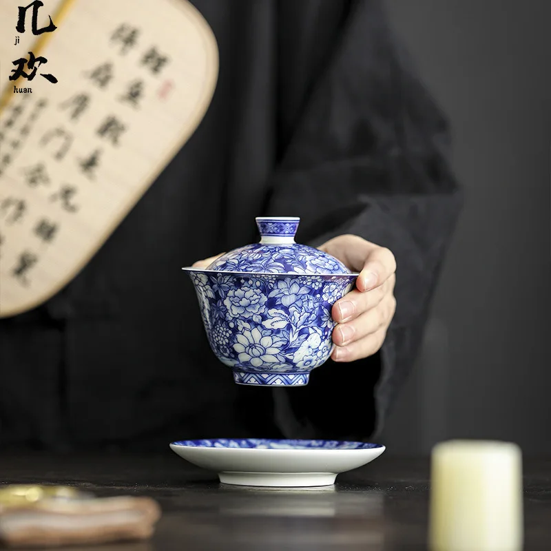 Jingdezhen-azul e branco antigo gaiwan chávena, high-end kung fu chá conjunto, grande capacidade, não-escaldar, ameixa flor