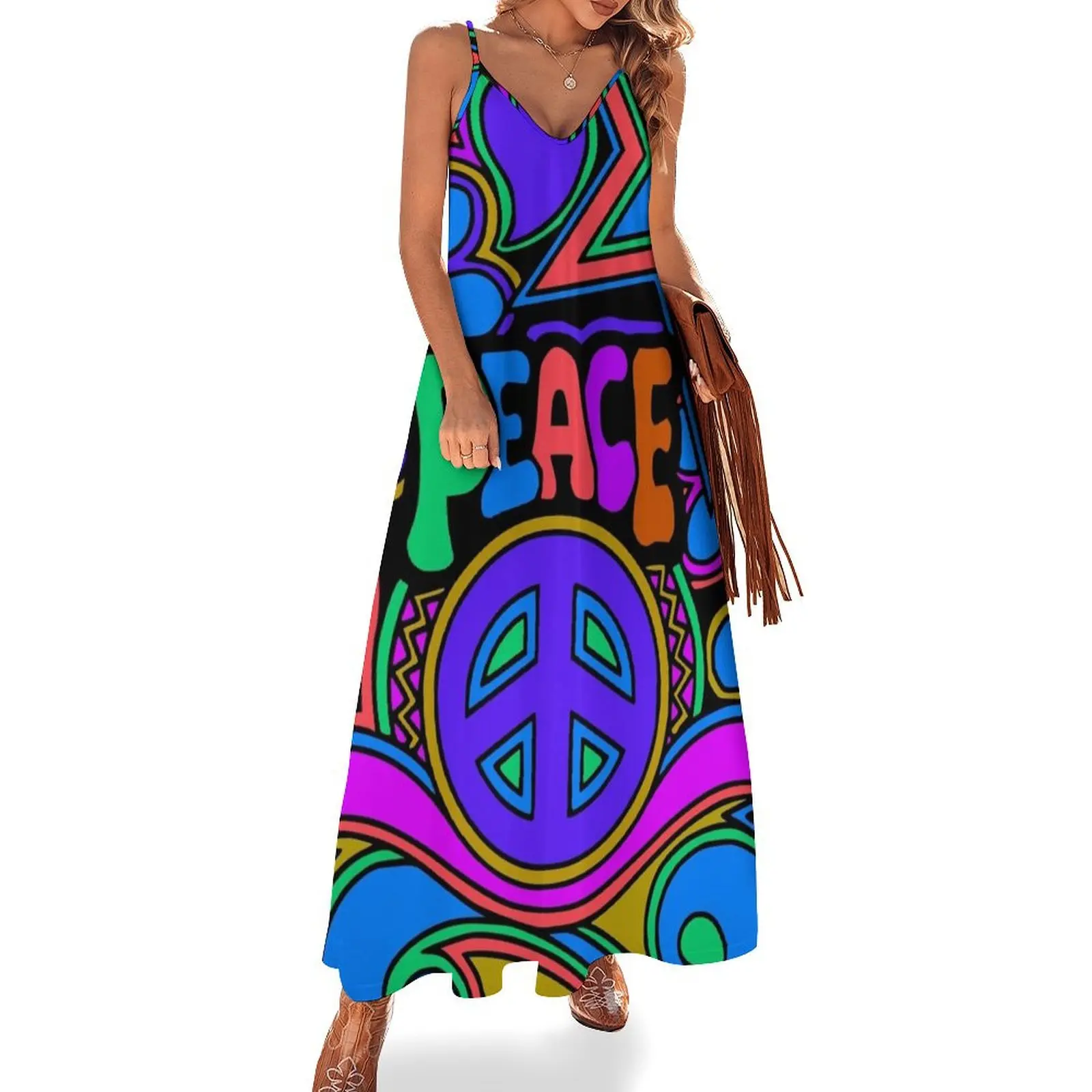 

Peace and Love Flowers and Stars Hippie Design Sleeveless Long Dress Woman clothing Prom gown Dress