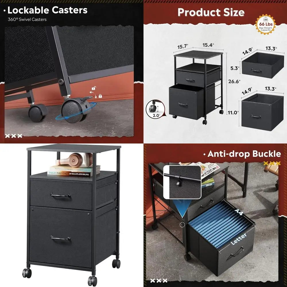 

Compact A4/Letter Vertical File Cabinet with Rolling Printer Stand and Open Shelf, Black for Home Office Use