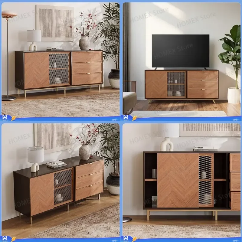 Mid Century Modern Solid Wood TV Stand Retro Floor to Ceiling Media Console with Drawers Living Room Storage Cabinet