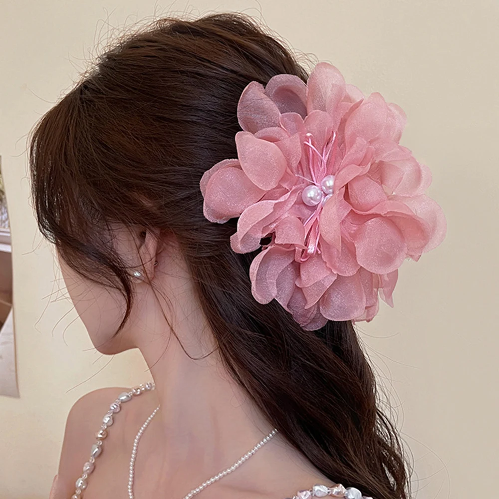 Elegante Grote Bloem Haarklauw Parel Chiffon Bloem Haarspelden Paardenstaart Houder Haar Clips Klemmen Vrouwen Hoofddeksels Haaraccessoires